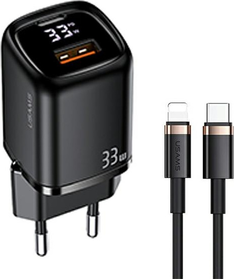 USAMS Wall Charger 1xUSB-C+1xUSB T46 33W PD3.0 +QC3.0 Fast Charging + cable U63 USB-C/Lightning black UDTZ01