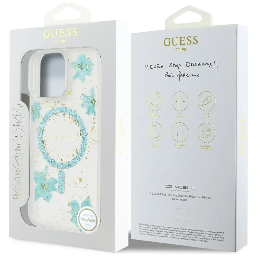 Case Guess Resin Flowers Glitter MagSafe for Apple iPhone 16 Pro turquoise