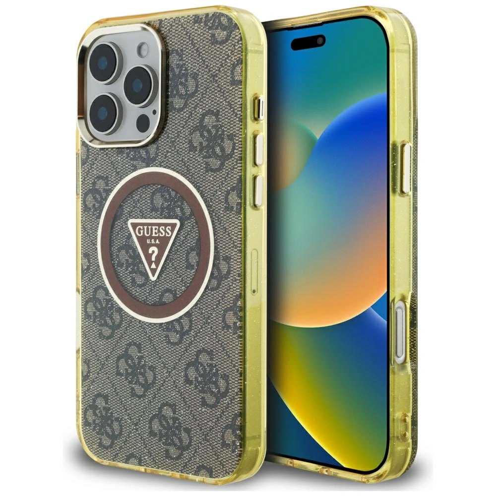 Etui Guess IML Metal Glitter 4G Circle Triangle MagSafe do Apple iPhone 16 Pro brązowy