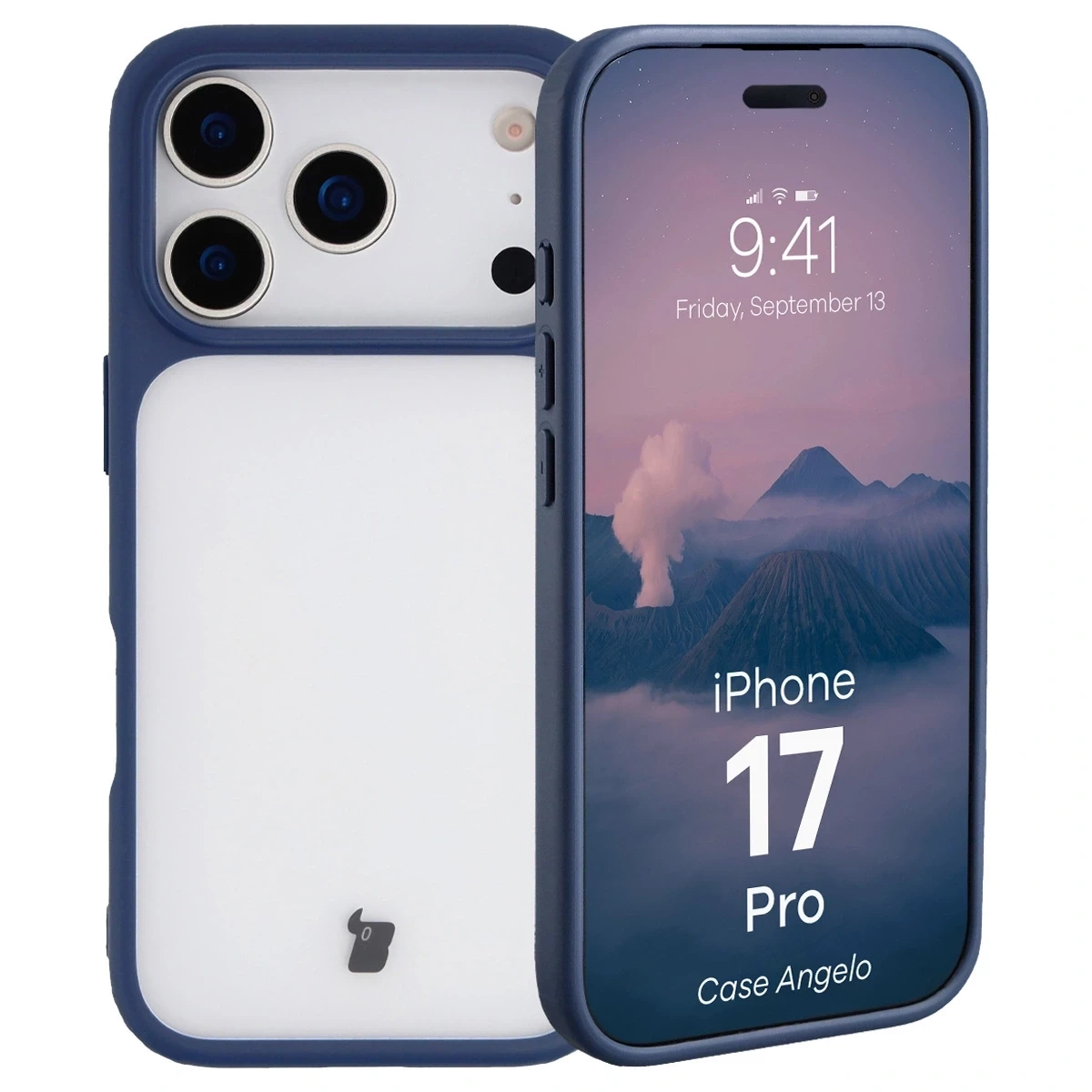 Etui Bizon Case Angelo do Apple iPhone 17 Pro półprzezroczyste z granatową ramką