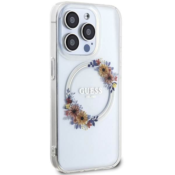 Guess GUHMP15XHFWFCT Apple iPhone 15 Pro Max hardcase IML Flowers Wreatch MagSafe transparent