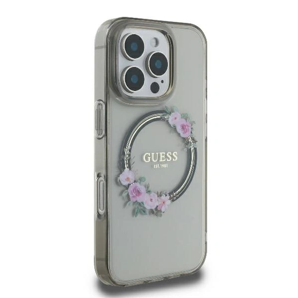 Case Guess GUHMP16LHFWFCK Apple iPhone 16 Pro hardcase IML Flowers Wreath MagSafe black