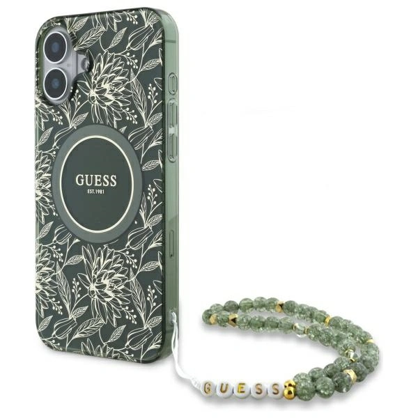 Guess GUHMP16SHCPOFPA Apple iPhone 16 hardcase IML Flowers Allover Electro With Pearl Strap MagSafe green