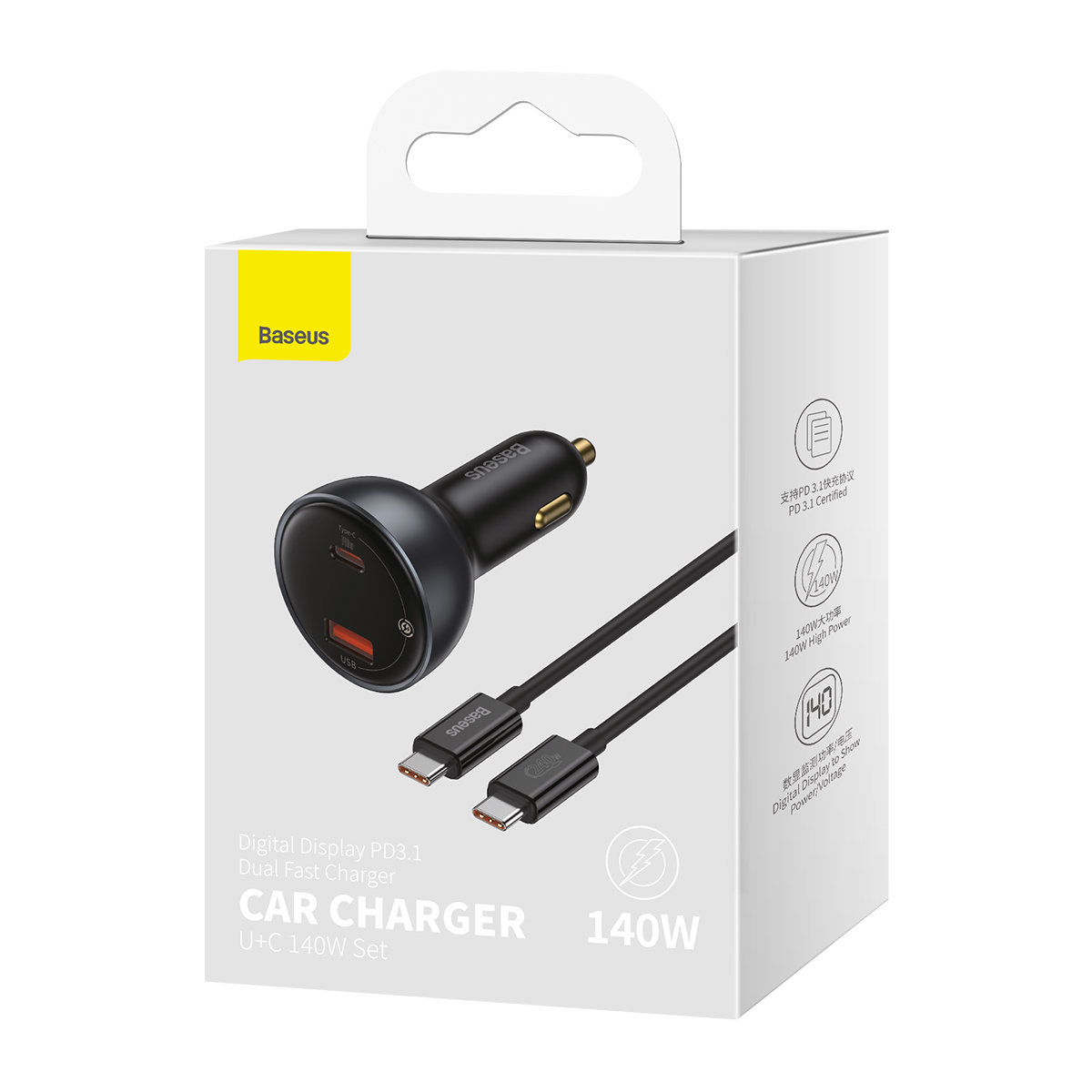 Baseus Digital Display Car Charger USB-A/USB-C PD 3.1 140W + USB-C 5A 240W cable 1m black