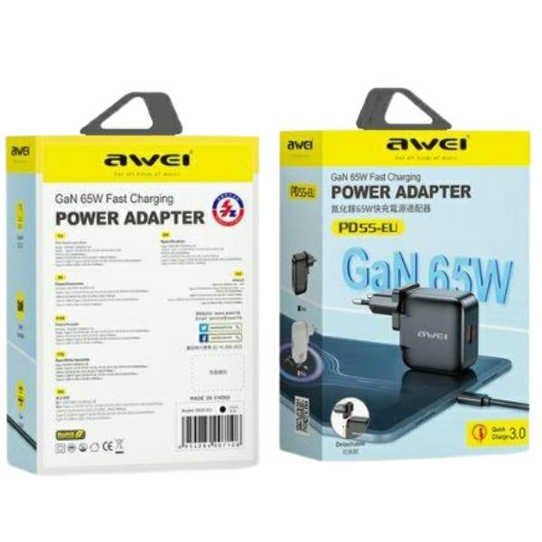 AWEI PD55-EU GaN 65W USB-A, USB-C wall charger black