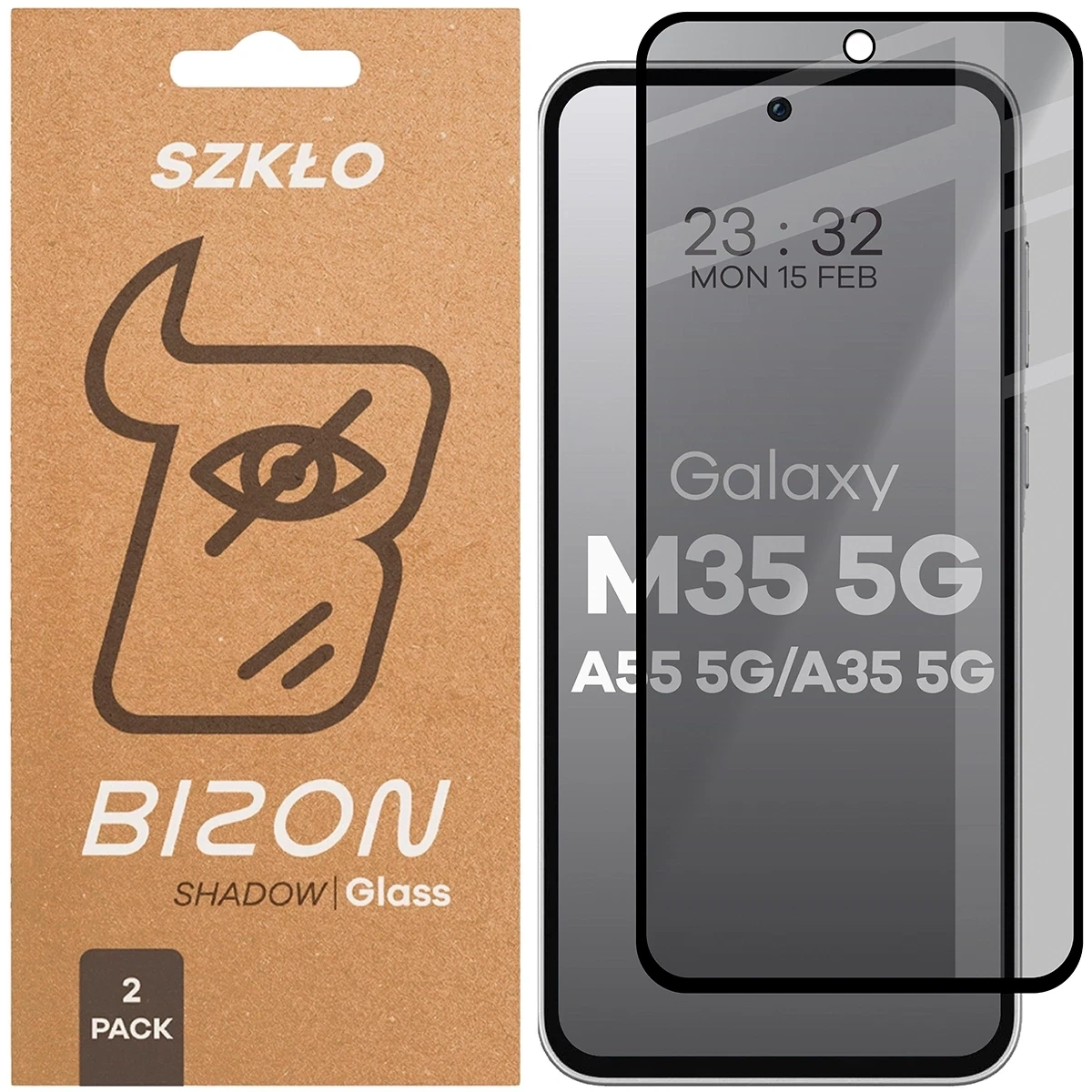 Prywatyzujące szkło hartowane Bizon Glass Edge Shadow Duo do Samsung Galaxy M35 5G / A35 5G / A55 5G przyciemniane z czarną ramką [2 PACK]