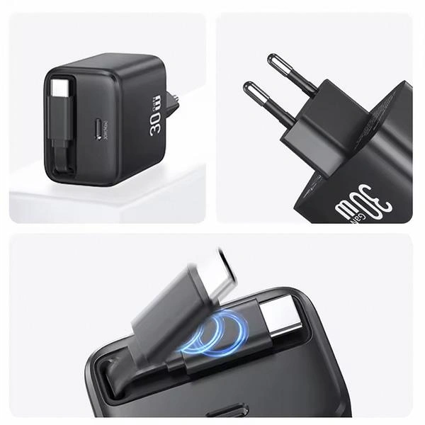 USAMS USB-C Wall Charger + retractable USB-C cable PD+QC 30W Gan Fast Charging black YC Series