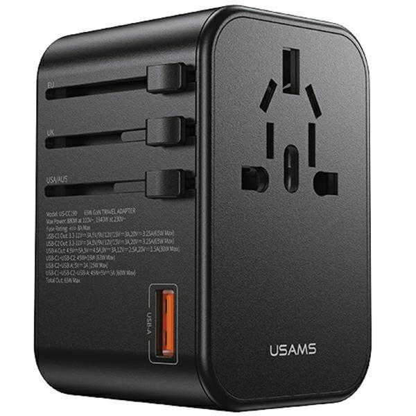 USAMS T62 Univesal Travel Charger US/AU/EU/UK 1xUSB, 2xUSB-C 65W black 