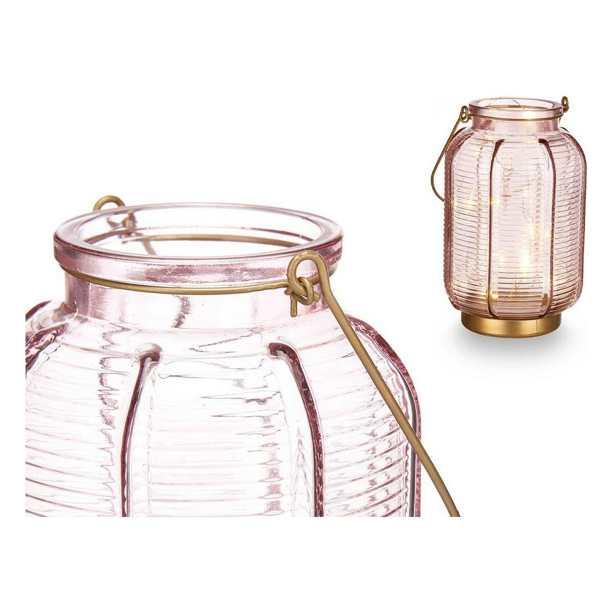 LED Lantern Stripes Pink Golden Glass (13,5 x 22 x 13,5 cm)
