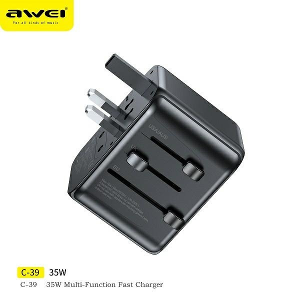 AWEI C-39 travel charger 2xUSB-A, 3xUSB-C 35W US/AU/EU/UK black