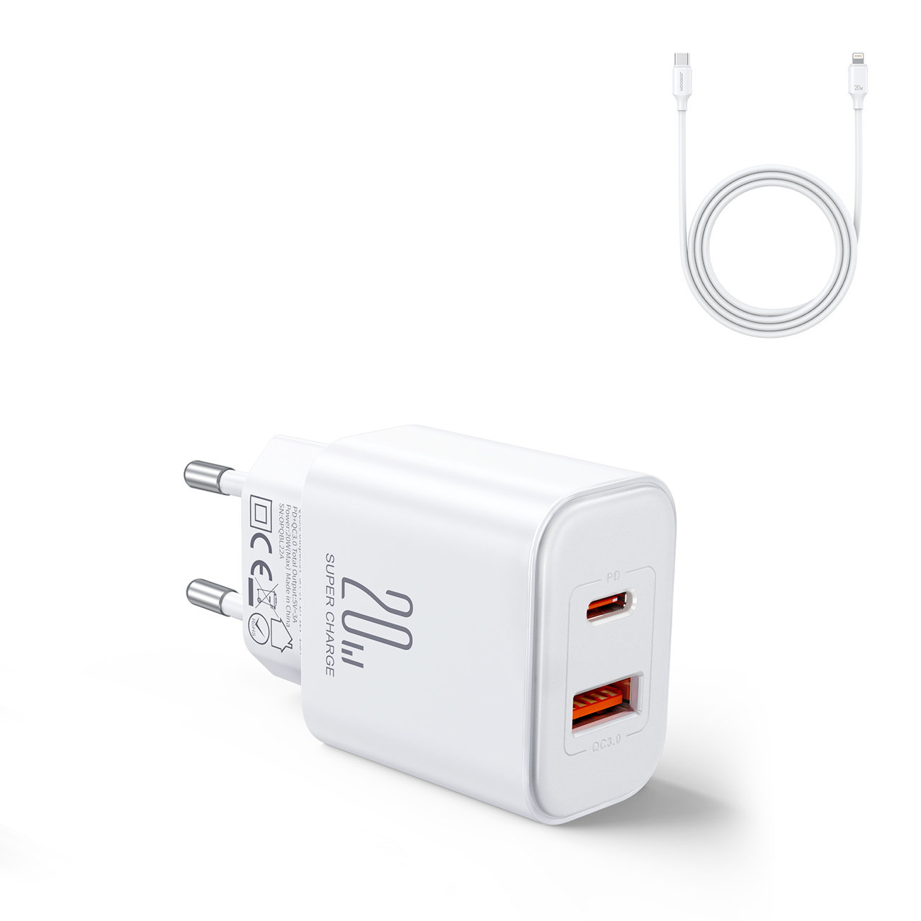 Joyroom JR-TCF05 Wall Charger USB-C/USB-A 20W white + USB-C/Lightning Cable 1m