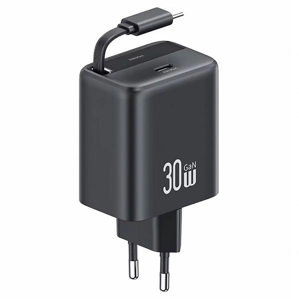 USAMS USB-C Wall Charger + retractable USB-C cable PD+QC 30W Gan Fast Charging black YC Series
