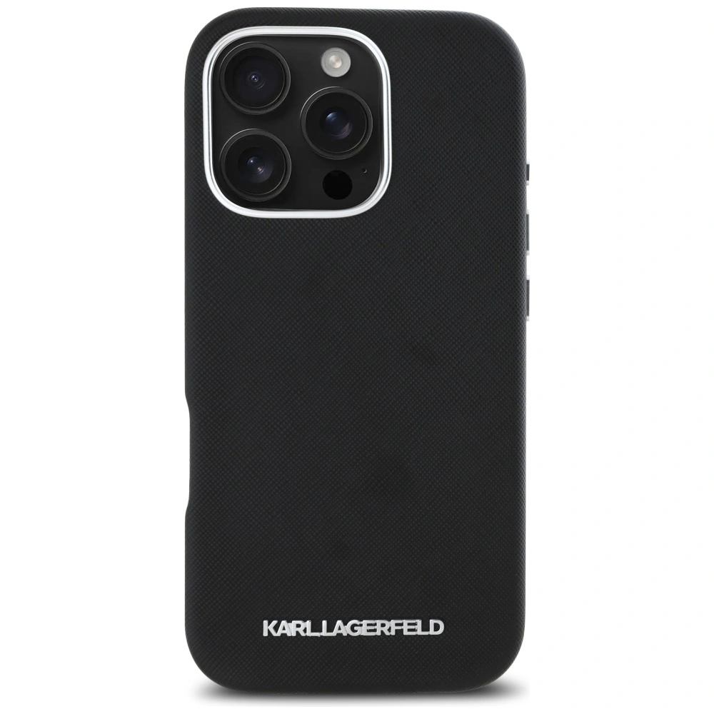 Karl Lagerfeld Saffiano Full Wrapped Elongated Metal Logo MagSafe Apple iPhone 16 Pro black