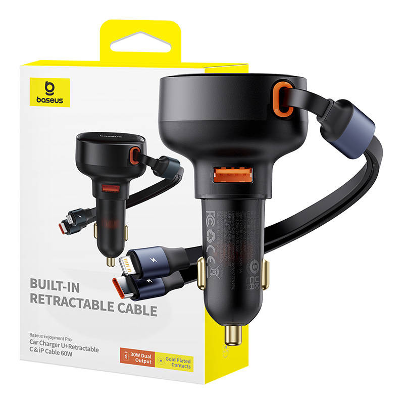 Baseus Enjoyment USB-A car charger with USB-C / Lightning cable 60 W (black)