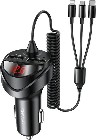 USAMS Car Charger 2xUSB+ kable 3in1 C22 (Lightning+microUSB+USB-C) black CC119TC01 (US-CC119)