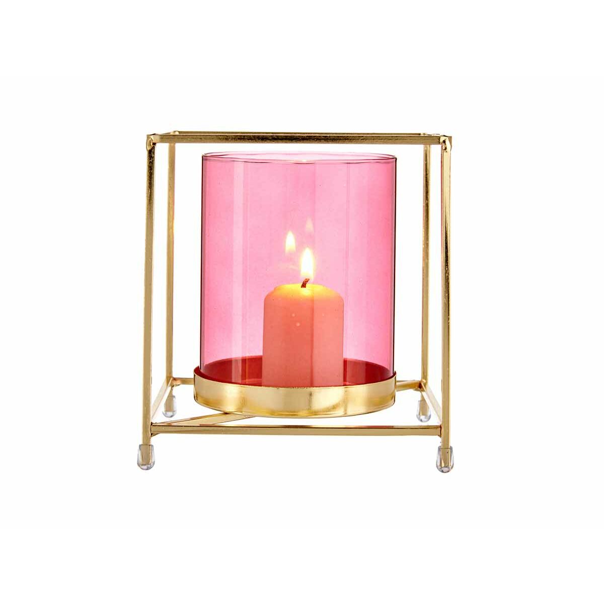 Świeczniki Kwadratowy Różowy Złoty 14 x 15,5 x 14 cm Metal Szkło