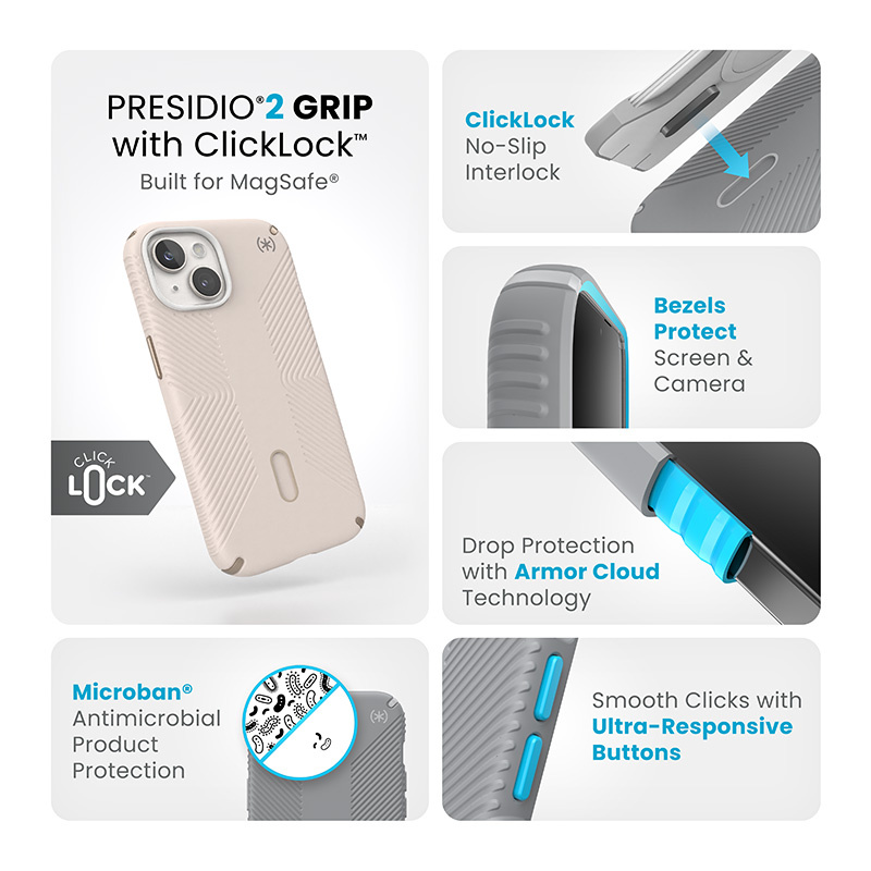 Speck Presidio2 Grip ClickLock MagSafe Apple iPhone 15 (Bleached Bone/Heirloom Gold/Hazel Brown)