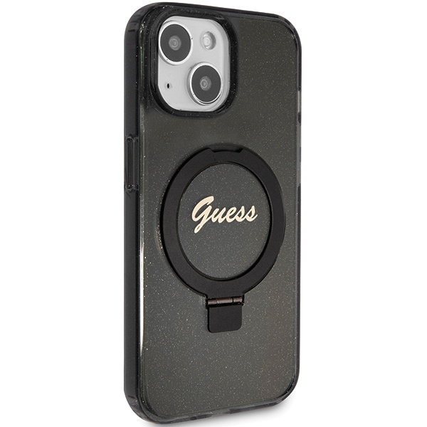 Guess GUHMP14SHRSGSK Apple iPhone 13 / 14 / 15 hardcase Ring Stand Script Glitter MagSafe black