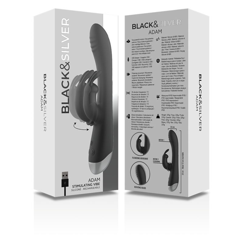 BLACK&SILVER- DJ. ADAM RECHARGEABLE SILICONE RABBIT STIMULATOR BLACK