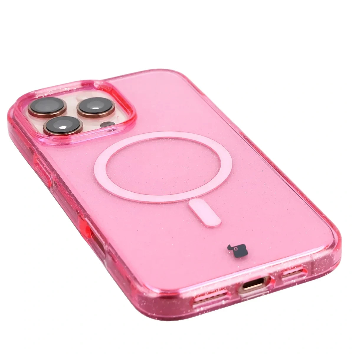 Etui brokatowe z pierścieniem magnetycznym Bizon Case SparklO do Apple iPhone 16 Pro Max, przezroczysto-różowe z brokatem