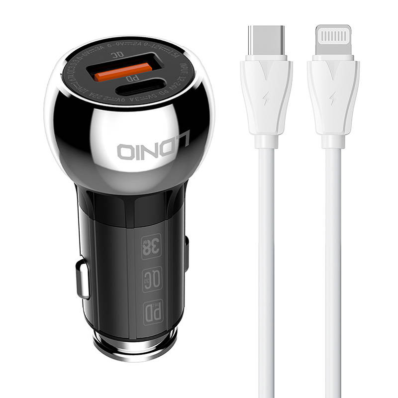 LDNIO C1 Car Charger USB-A, USB-C + USB-C/Lightning cable