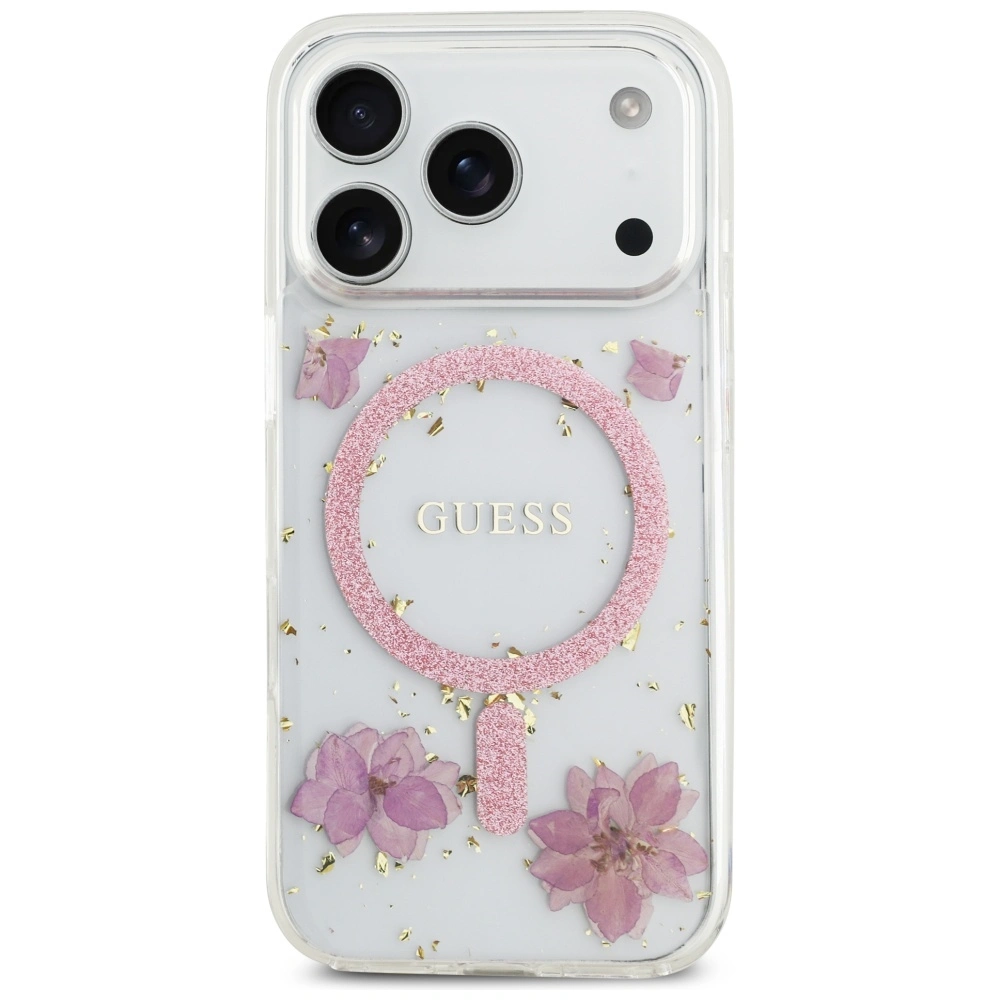 Etui Guess Resin Flowers Glitter MagSafe do Apple iPhone 17 Pro różowy