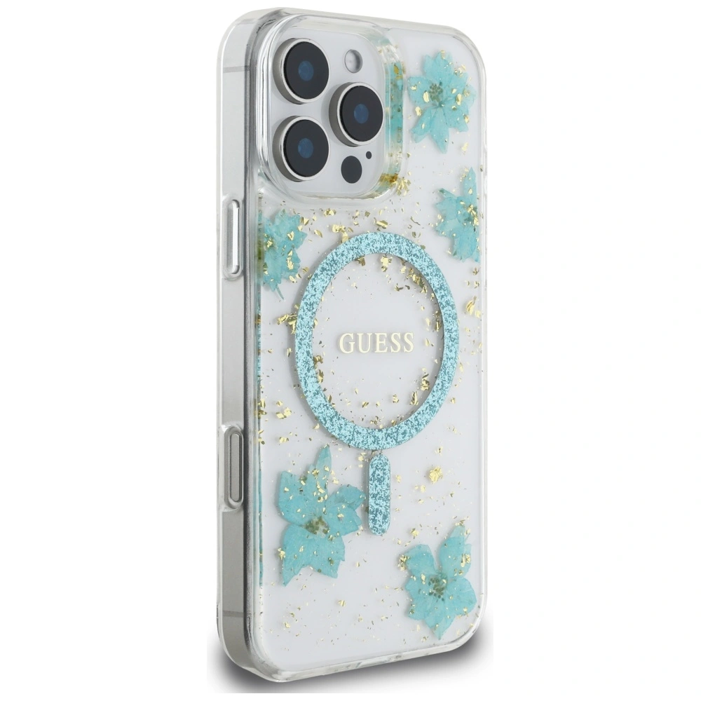 Case Guess Resin Flowers Glitter MagSafe for Apple iPhone 16 Pro turquoise