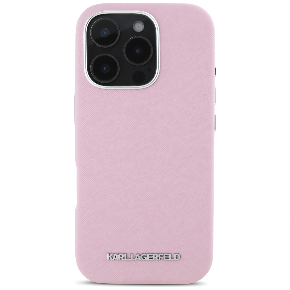 Karl Lagerfeld Saffiano Full Wrapped Elongated Metal Logo MagSafe Apple iPhone 16 Pro Max pink