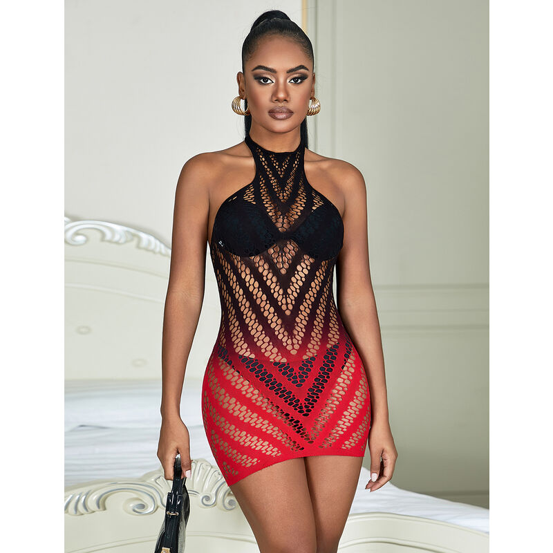 SUBBLIME - 952242 RED AND BLACK DEGRADED ELASTIC FISHNET BODYSTOCKING ONE SIZE