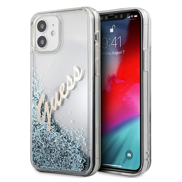 Guess GUHCP12SGLVSBL Apple iPhone 12 mini blue hardcase Glitter Vintage Script