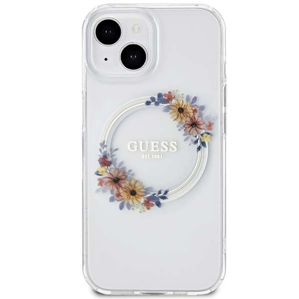 Guess GUHMP15SHFWFCT Apple iPhone 15 / 14 hardcase IML Flowers Wreatch MagSafe transparent