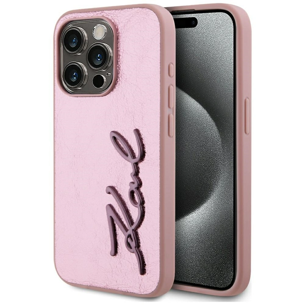 Etui Karl Lagerfeld Wrinkled Metal Signature do Apple iPhone 15 Pro Max różowy