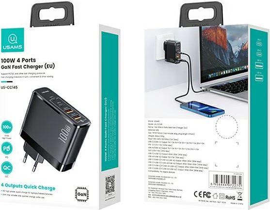 USAMS Wall Charger 2xUSB-C+2xUSB T44 100W PD3.0 +QC3.0 Fast Charging black CC145TC01 (US-CC145)