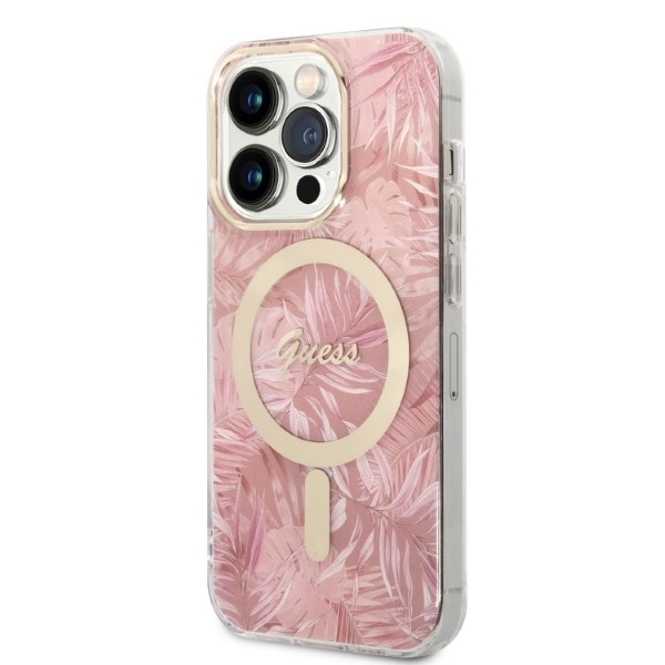 Guess GUBPP14LHJEACSP Case + Wireless Charger Apple iPhone 14 Pro pink hard case Jungle MagSafe