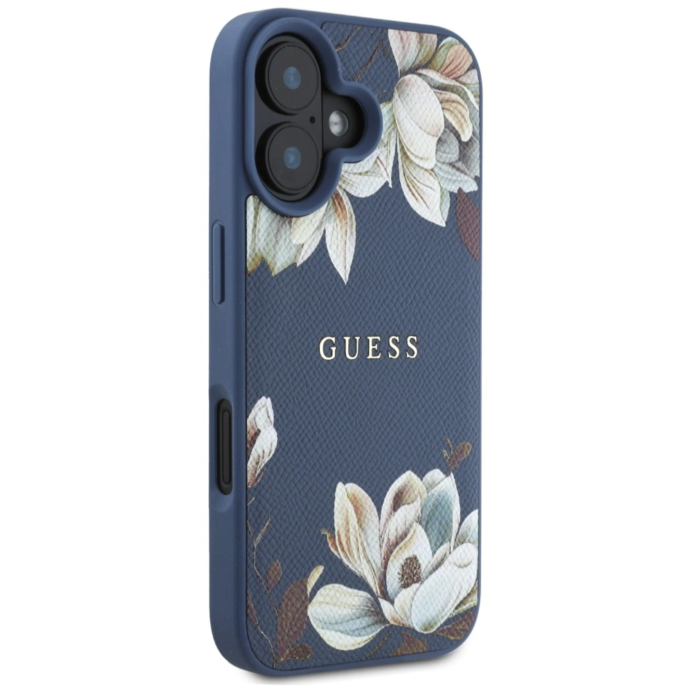 Guess Grained Printed Flower Pattern MagSafe Apple iPhone 16 blue