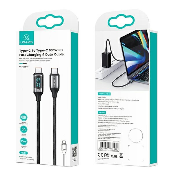 USAMS U78 Cable USB-C/USB-C LED 3m 100W Fast Charging black US-SJ559