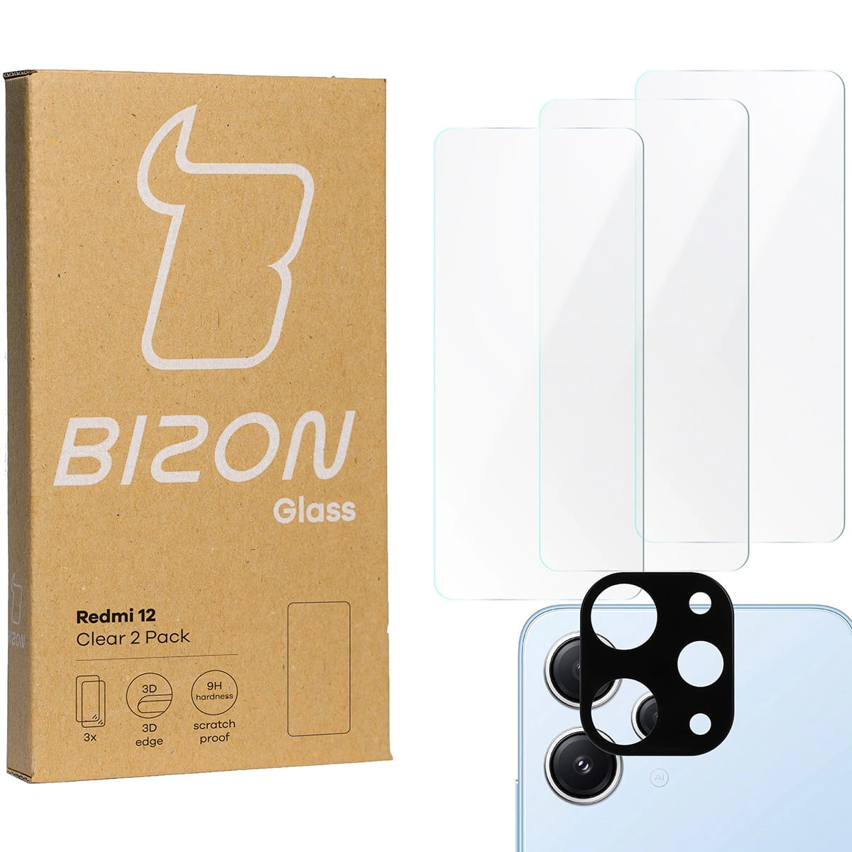 BIZON Clear 3x screen glass + camera glass Xiaomi Redmi 12