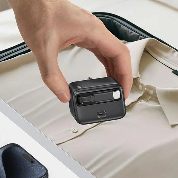 USAMS USB-C Wall Charger + Retractable USB-C Cable PD+QC 20W Gan Fast Charging Black YC Series