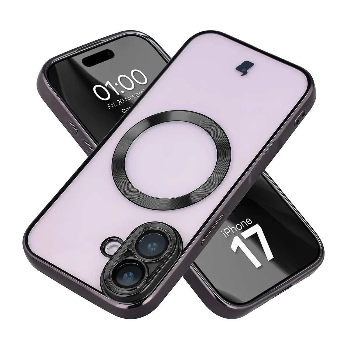 Etui z ochroną aparatu i pierścieniem magnetycznym Bizon Case GuardO do Apple iPhone 17, przezroczysto-czarne
