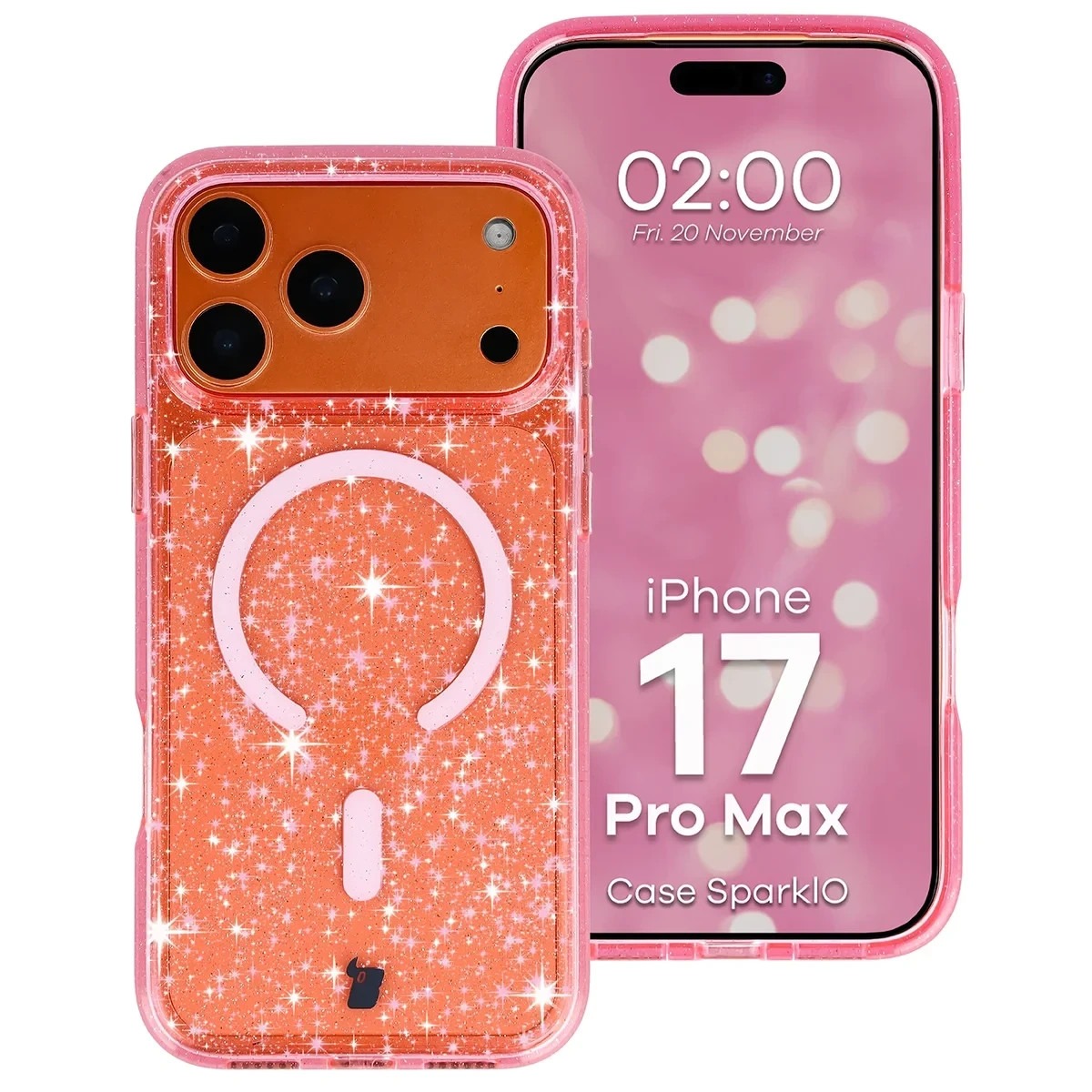 Etui brokatowe z pierścieniem magnetycznym Bizon Case SparklO do Apple iPhone 17 Pro Max, przezroczysto-różowe z brokatem