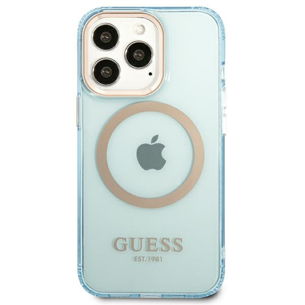 Guess GUHMP13LHTCMB Apple iPhone 13 Pro blue hard case Gold Outline Translucent MagSafe