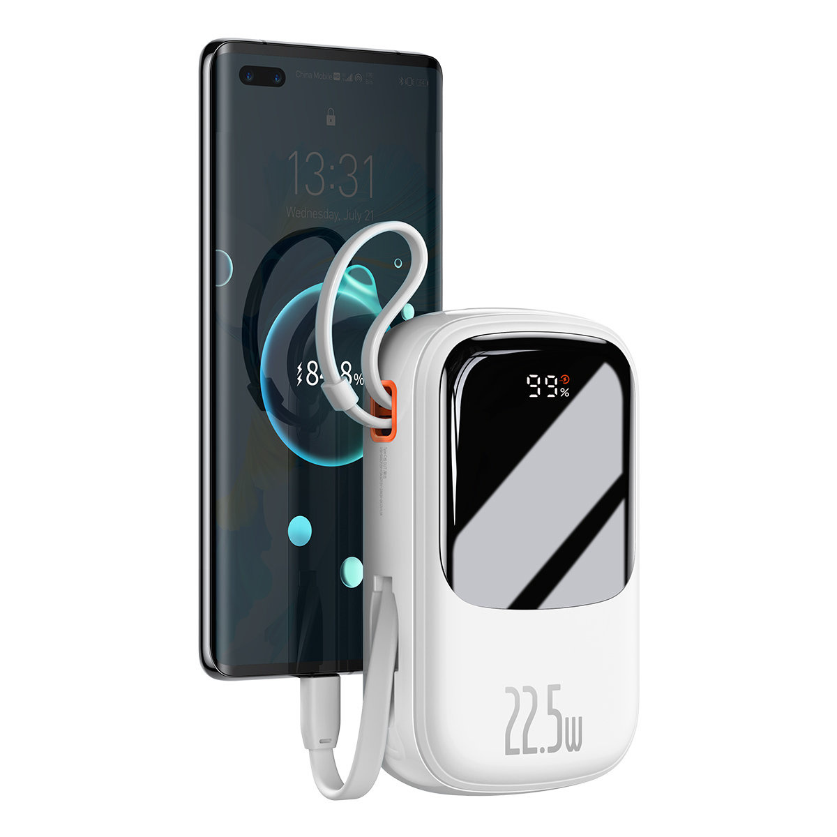 Baseus Qpow Digital Display powerbank with fast charging 20000mAh 22.5W QC/PD/SCP/FCP with built-in USB-C cable white