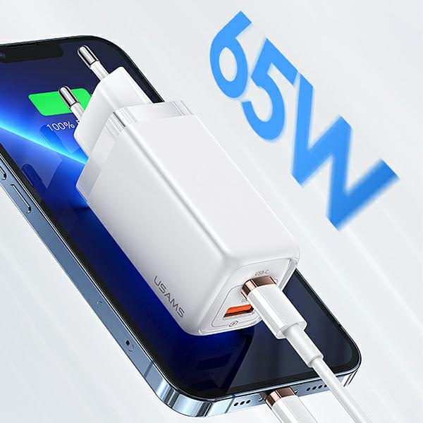 USAMS Wall Charger 1xUSB-C+1xUSB T47 65W PD Fast Charging Super Si white CC153TC02  (US-CC153)