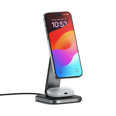 Satechi 2-in-1 Foldable Charging Stand Qi2 wireless charger for two devices space gray