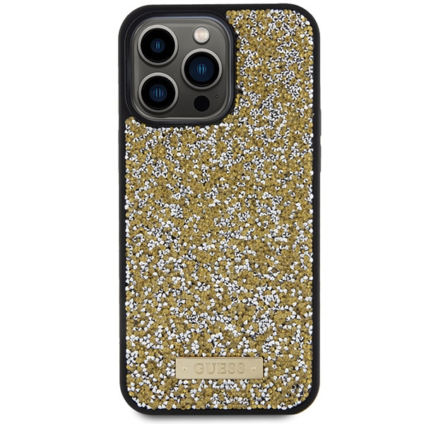 Guess GUHCP15LPFGSBSD Apple iPhone 15 Pro hardcase Rhinestone Metal Logo yellow