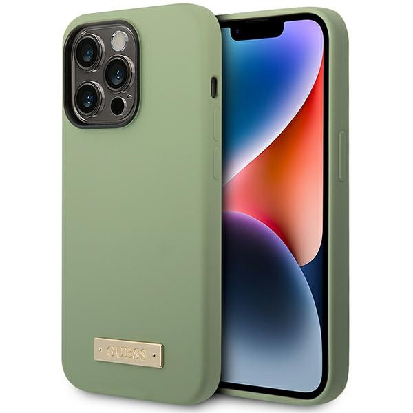 Guess GUHMP14XSBPLA Apple iPhone 14 Pro Max khaki hard case Silicone Logo Plate MagSafe