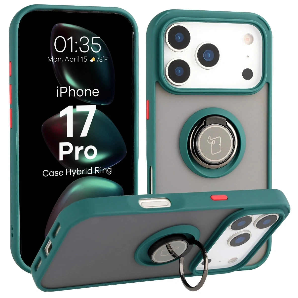 Etui z uchwytem na palec Bizon Case Hybrid Ring do Apple iPhone 17 Pro przydymione z ciemnozieloną ramką