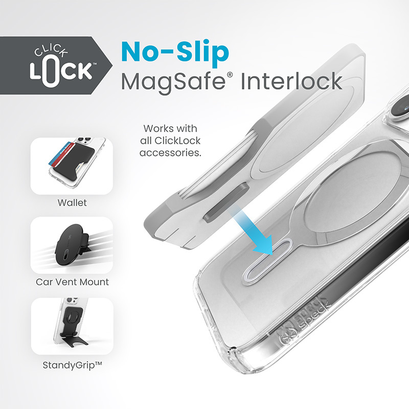 Speck Presidio Perfect-Clear ClickLock MagSafe Apple iPhone 15 Pro (Clear/Chrome Finish/Serene Silver)