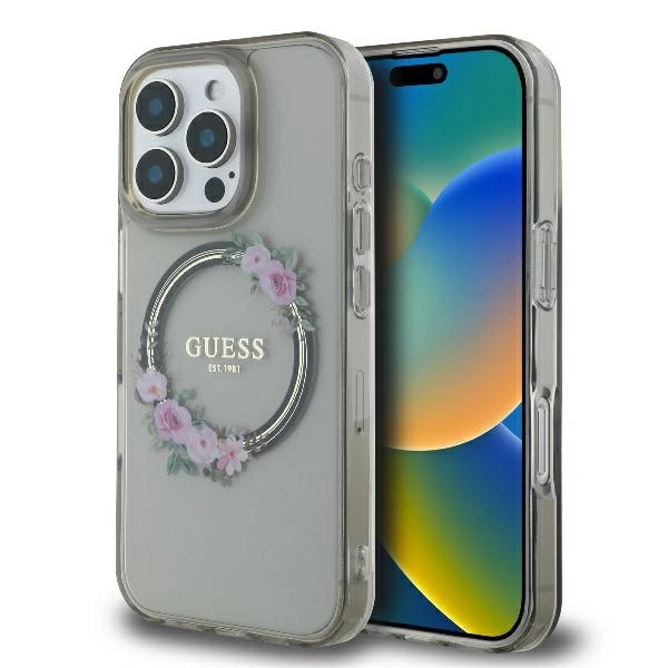 Case Guess GUHMP16LHFWFCK Apple iPhone 16 Pro hardcase IML Flowers Wreath MagSafe black