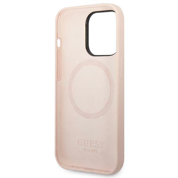 Guess GUHMP14XSBPLP Apple iPhone 14 Pro Max pink hard case Silicone Logo Plate MagSafe